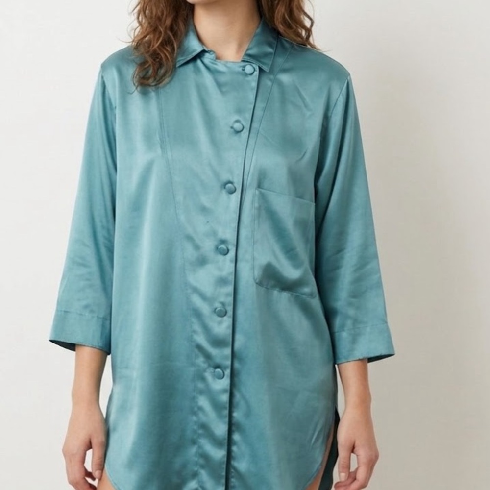 Vintage 80s Tess Blue Satin Long Sleeve Button Front Tunic Top 6